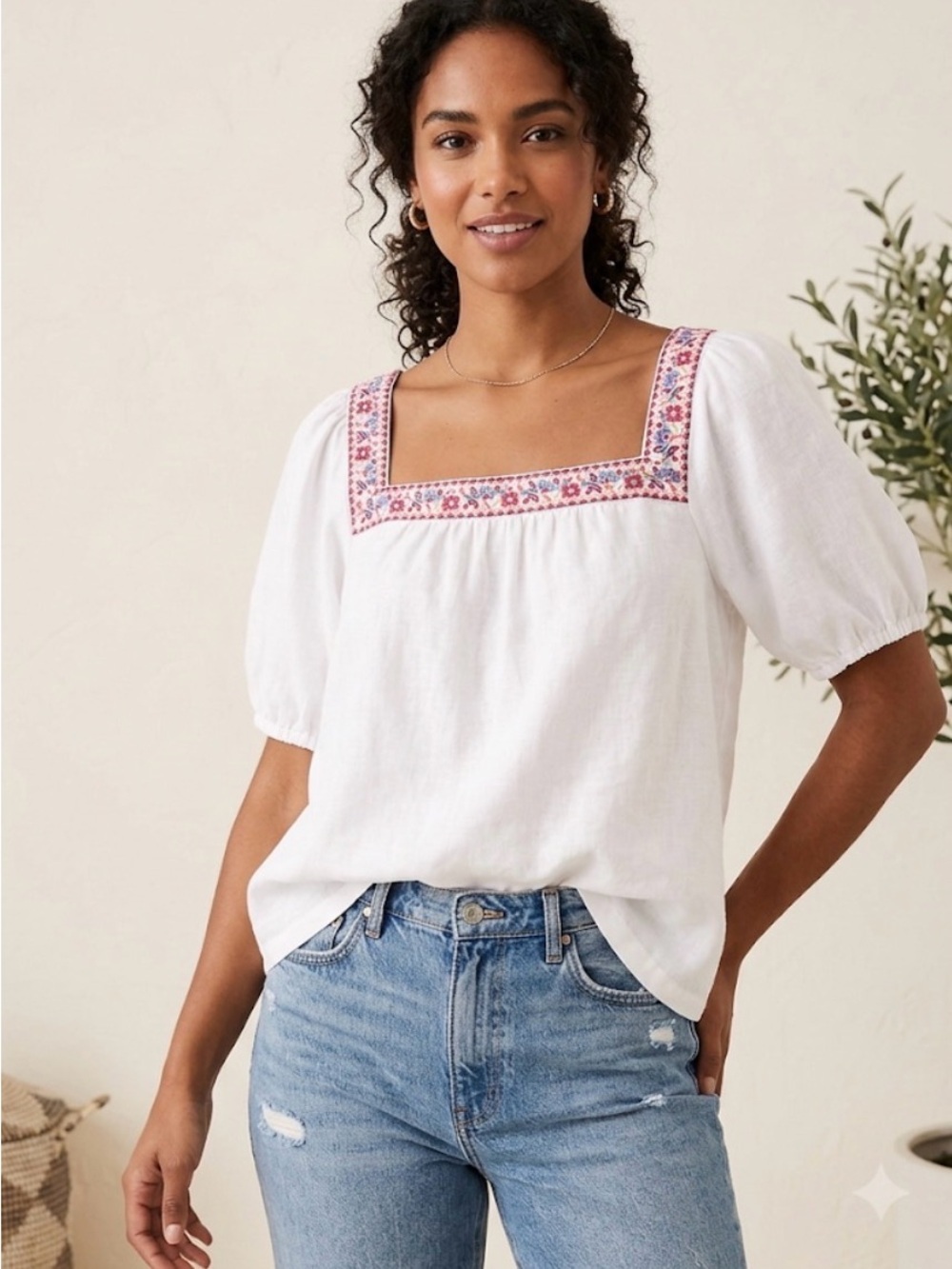 Boden Top Blouse Embroidery 100% Linen